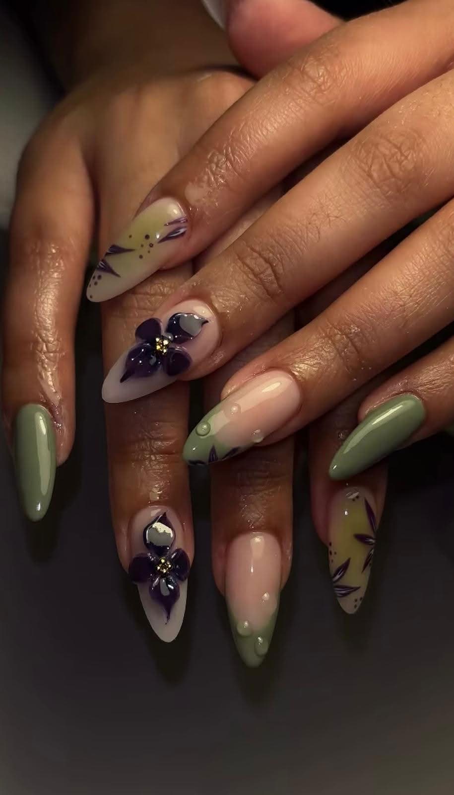 Green and purple floral nail set by Hana